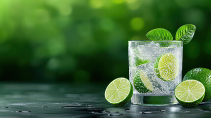 Poster - refreshing glass of sparkling water with lime slices and mint leaves on wet surface, set against vibrant green background. scene evokes sense of freshness and vitality
