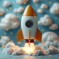 Aufkleber - small toy rocket with orange fins and white body launches amidst fluffy clouds, symbolizing imagination and adventure