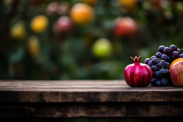Poster - A vibrant pomegranate sits prominently on a wooden table, surrounded by apples, grapes, and citrus fruits, capturing the essence of a fresh harvest