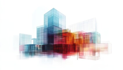 Poster - Abstract architectural design with transparent geometric cubes in vibrant colors resembling modern city skyline on a white background