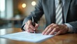 © Vadym - Man signs insurance contract, liability agreement with pen. Businessman in formal suit reading legal document on wooden desk. Financial risk mitigation, pro security.