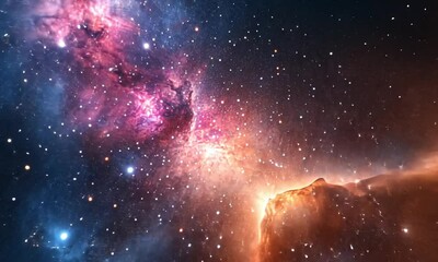 Wall Mural - Spacecraft Navigating Small Magellanic Cloud Galaxy with Stars Nebulous Gas Clouds and Distant Galaxies in Video