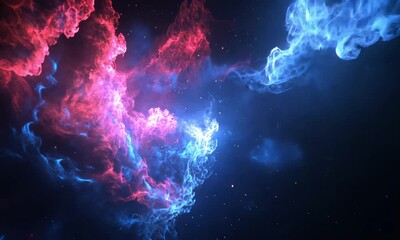 Wall Mural - Dark Cosmic Backdrop with Dreamlike Video of Vibrant Blue Crimson Fractal Clouds and Occasional Light Bursts
