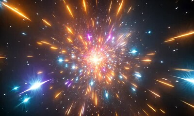 Wall Mural - luminous hyperspace tunnel with dynamic violet orange blue and bending lights in the distance in vid