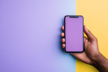 Aufkleber - Close-up shot shows a hand gripping a mobile phone featuring a transparent screen set against a pastel-colored gradient. The design emphasizes modern technology