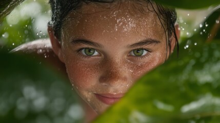 Aufkleber - a young woman with deep green eyes gazes serenely amidst lush green leaves. raindrops glisten on her
