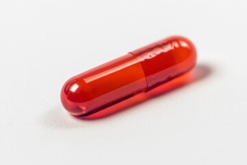Poster - A red capsule rests on a pristine white surface, showcasing its label and transparent design that emphasizes a focus on health and medicine