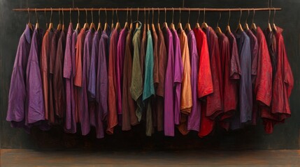 Fototapete - Brightly lit boutique showcases a row of colorful clothing on wooden hangers, highlighting a variety of fabrics and styles in a clean, minimalistic layout