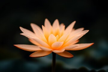 Aufkleber - a single lotus flower with delicate petals glows softly against a dark background, with water drople