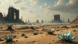 Futuristic Desert Landscape with Alien Flora and Ruined Cityscape Sci Fi Digital Art