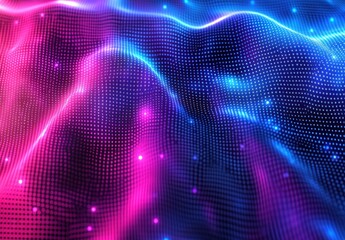 Poster - Abstract colorful wave pattern with glowing dots in blue and pink tones creating a mesmerizing digital landscape for backgrounds and illustrations.