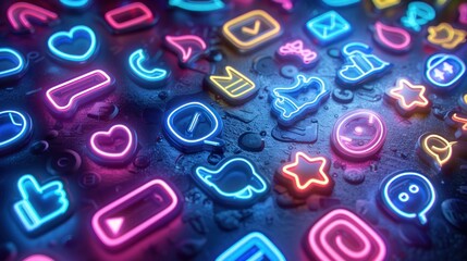 Neon app icons on a dark surface with water droplets