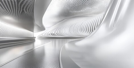 Poster - Abstract futuristic interior design with smooth curves, wavy shapes, textured surfaces, and reflective elements creating a minimalist aesthetic and spacious feel