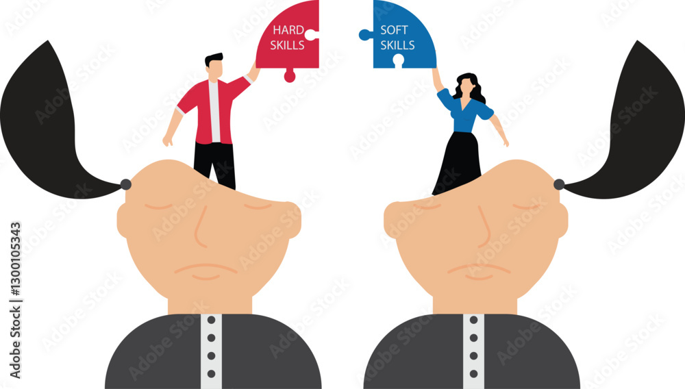 Hand holding two pieces between Hard VS Soft Skills Concept on big head ...
