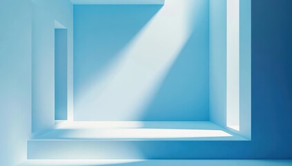 Poster - Abstract geometric interior space with natural light casting shadows and soft blue tones, creating a serene atmosphere for artistic inspiration and design concepts