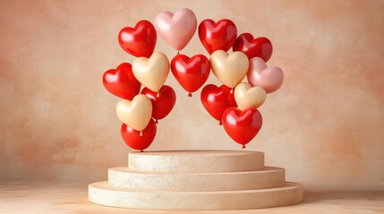 Poster - Red Pink Beige Heart Balloons Arch on Beige Podium Pastel Background