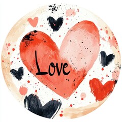 Aufkleber - Red Pink Watercolor Heart with Love Text on White Background