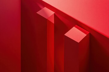 Poster - Abstract geometric red shapes with a modern aesthetic, featuring angular forms, shadows, and smooth surfaces in minimalist style for creative designs.