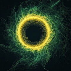 Poster - Abstract glowing circle surrounded by vibrant green and yellow swirling patterns on a dark background, ideal for modern digital art or design concepts