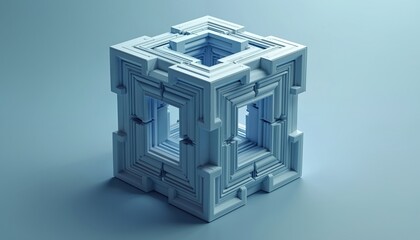 Poster - fascinating geometric fractal in 3d. recursive cubic frames within cube. abstract structure evokes h