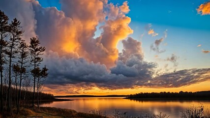 Poster - Stunning clouds reflect vibrant colors over a tranquil lake at sunset near a serene forest, Clouds at sunset