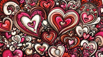 Aufkleber - Romantic Red Pink Brown Hearts Doodle Pattern Background