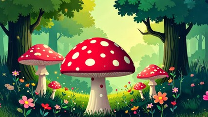 Poster - A forest scene with a fly agaric in the foreground and three mushrooms in the background. There are also flowers in the foreground