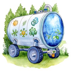 Wall Mural - watercolor illustration of hydrogen fuel tank with eco design elements