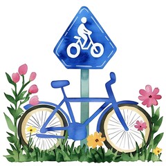 Wall Mural - watercolor vector art of bicycle lane with eco-friendly elements