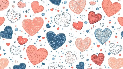 Aufkleber - Seamless Pattern with Hand Drawn Hearts Pink Red Blue White Background