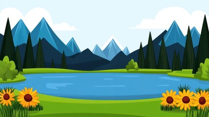 Poster - Serene Lake Landscape with Sunflowers and Majestic Mountains