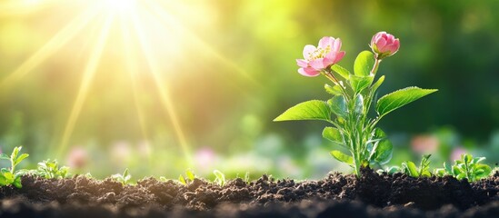 Aufkleber - Vibrant pink flowers with green leaves growing from rich soil illuminated by bright sunlight in a lush garden background.