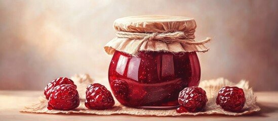 Poster - Homemade raspberry jam in a glass jar with a burlap lid surrounded by fresh raspberries on a textured beige surface creating a rustic setting