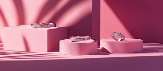 Poster - Sustainable jewelry packaging displayed artistically on three pink pedestals casting soft shadows creating an elegant presentation.