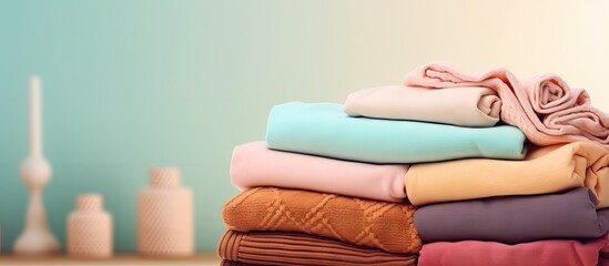Poster - Soft pastel colored blankets neatly stacked on a table with a light beige wall in the background creating a serene and minimalist atmosphere