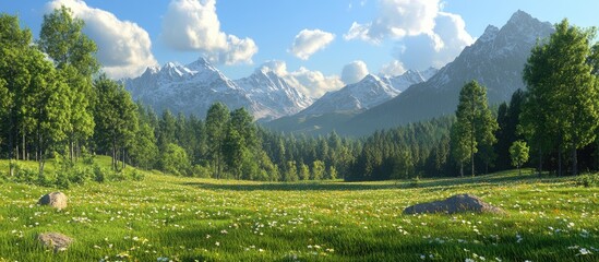 Aufkleber - Lush green valley with vibrant wildflowers in foreground, majestic mountains in background under a bright blue sky with fluffy white clouds