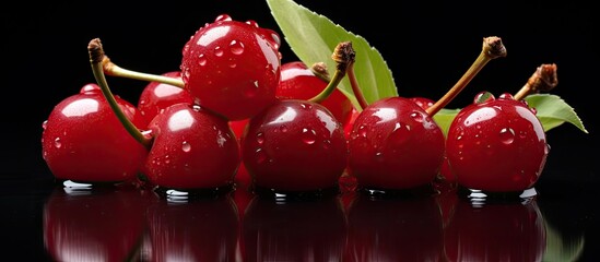 Aufkleber - Glossy red sour cherries with green leaves on a reflective black surface showcasing their vibrant color and tempting texture.