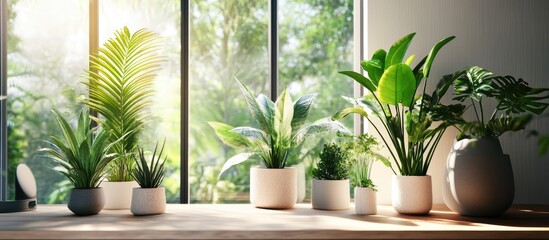 Poster - Indoor plants on a wooden table with natural light streaming in through large windows, showcasing a variety of green foliage in white pots.