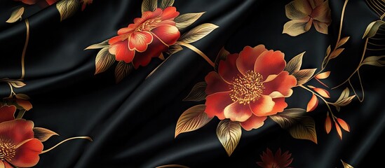 Aufkleber - Luxurious black silk fabric featuring intricate red floral designs with golden accents, draped elegantly to showcase depth and texture.