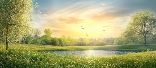 Aufkleber - Tranquil spring landscape with vibrant green grass, serene pond center, lush trees on left and right, warm golden sunlight illuminating the scene