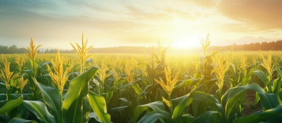 Poster - Vibrant green cornfield under a golden sunrise with clear skies creating ample copy space in the upper section for text integration.