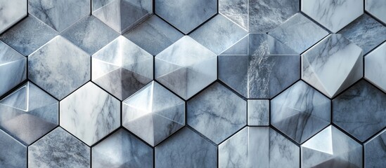 Aufkleber - Hexagonal mosaic tiles in shades of grey and white marble arranged in a textured pattern, creating a modern and sophisticated aesthetic.