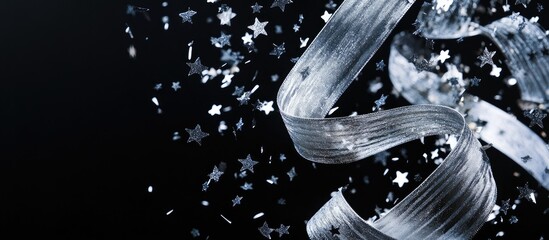 Aufkleber - Silver ribbons and star shaped confetti scatter elegantly on a black background, creating a striking festive atmosphere with shiny silver hues.