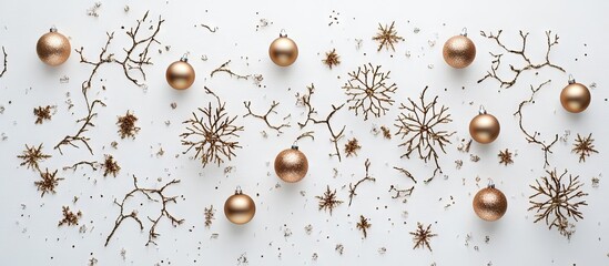 Poster - Golden Christmas decorations including metallic ornaments, branches, and snowflakes arranged on a light background creating a festive atmosphere.
