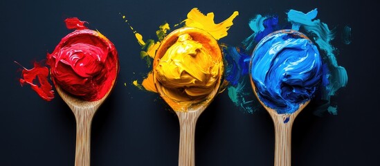Poster - Vibrant red yellow and blue paint in wooden spoons on dark background showcasing the essence of creativity and artistic expression