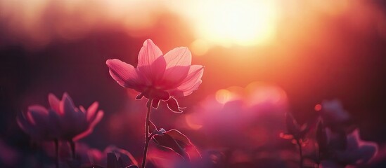 Aufkleber - delicate pink flowers in foreground with soft sunset glow in background, warm hues creating dreamy a