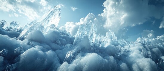 Poster - Majestic icy mountain peaks rising above fluffy clouds under a bright blue sky with crystalline ice formations reflecting sunlight