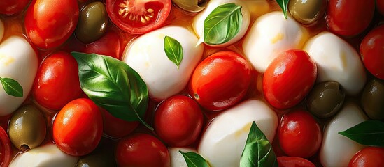Poster - Fresh mozzarella balls, ripe red tomatoes, and green olives with basil leaves, arranged artfully on a wooden surface, showcasing vibrant colors.