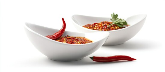Poster - Two small white bowls filled with vibrant spicy paprika oil and sprinkled chili flakes, garnished with fresh herbs, on a white background.