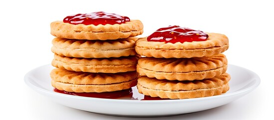 Poster - Delicious peanut butter and jam biscuit crackers stacked on a white plate against a pure white background with ample copy space for design needs